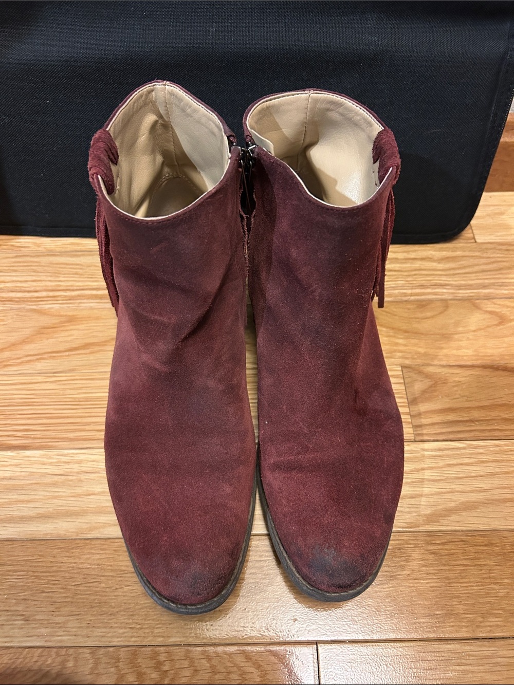 Karl Lagerfeld Wine Suede Ankle Booties with Tassel Detail